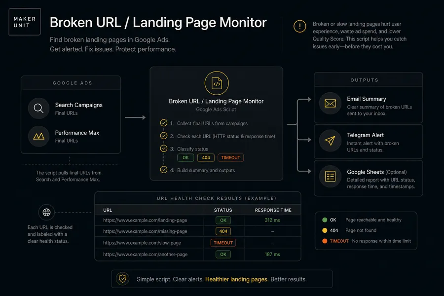 How Broken URL / Landing Page Monitor works — Google Ads Script checks landing pages for enabled Search ads and Performance Max campaigns and delivers alerts for broken URLs via Email, Telegram, and Google Sheets
